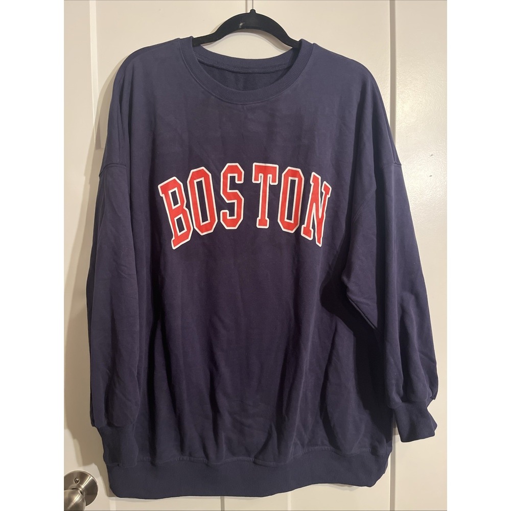 Boston Crew Neck Pullover Sweatshirt Navy Blue Red Size XL